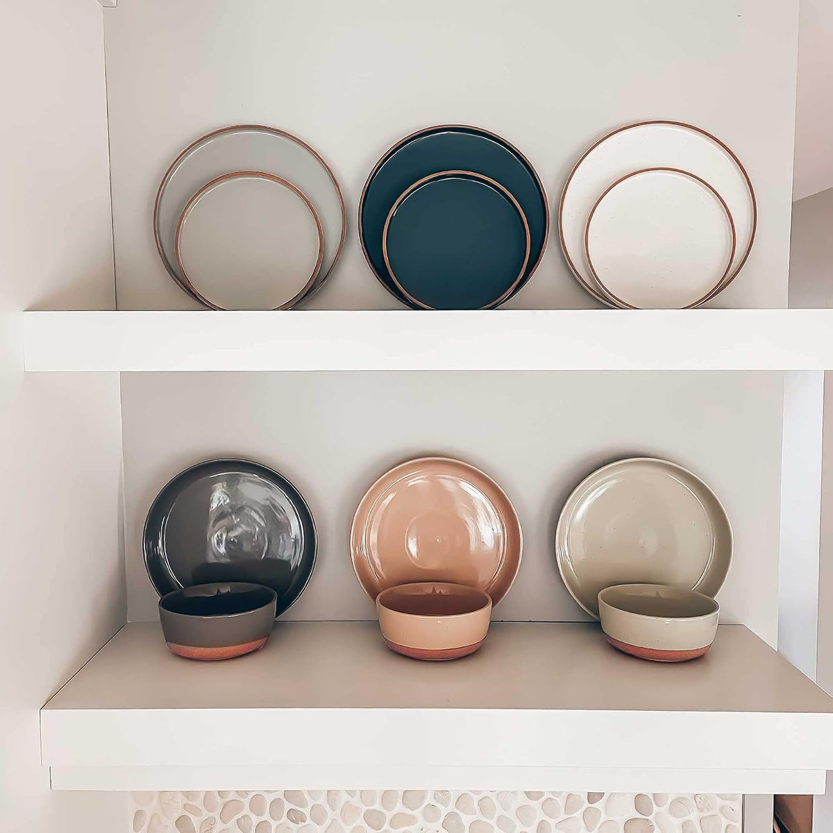 MORA Ceramic Flat Pasta Bowl Set of 4-35oz  Microwave Safe Plate with High Edge - Modern Porcelain Dinnerware for Kitchen and Eating  Large Wide Bowls/Plates for Serving Dinner  Salad  etc- Neutrals