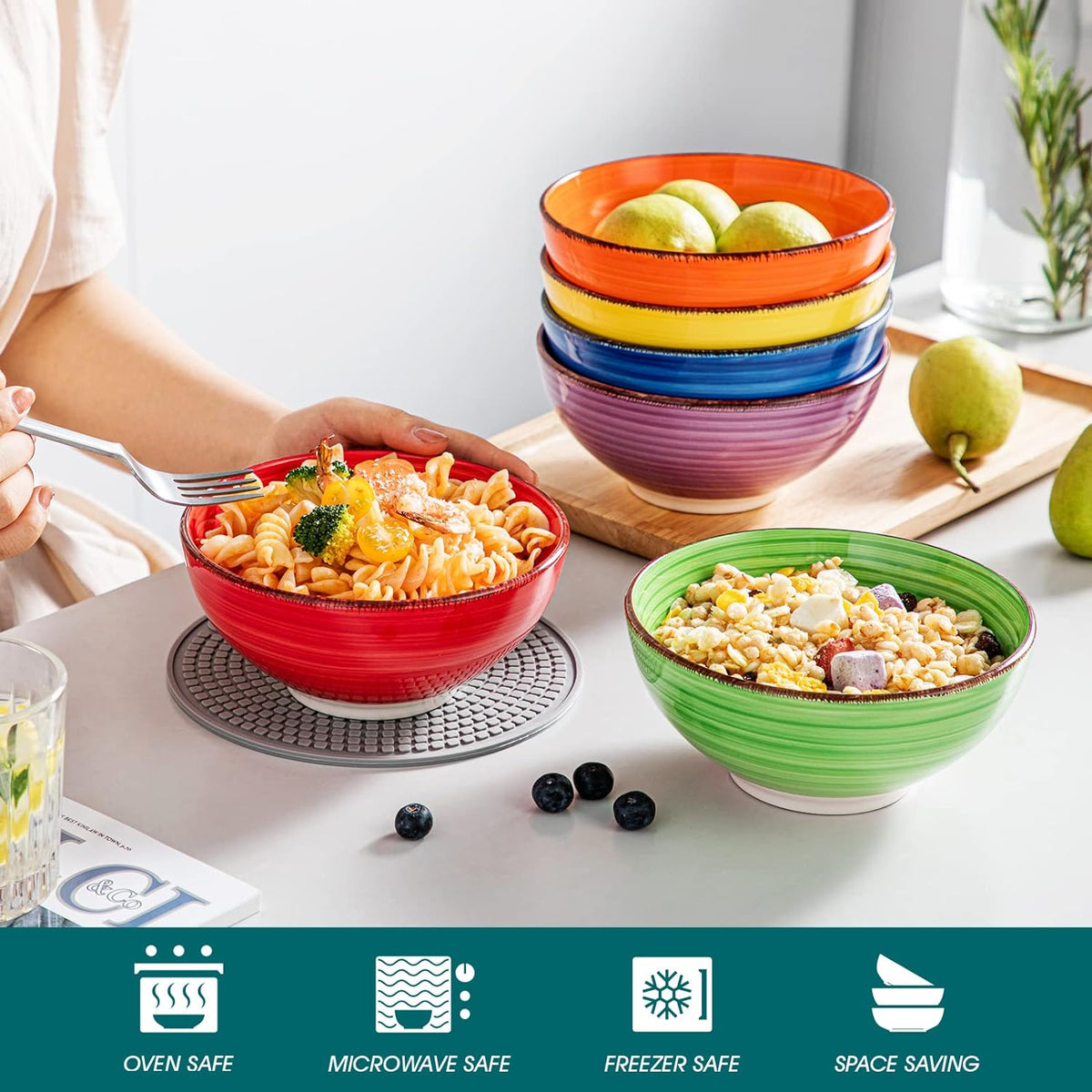 vancasso Bonita Cereal Bowls Set of 6-27 Oz Ceramic Soup Bowls  Microwave & Dishwasher Safe  6 Inch Colorful Serving Bowls for Kitchen