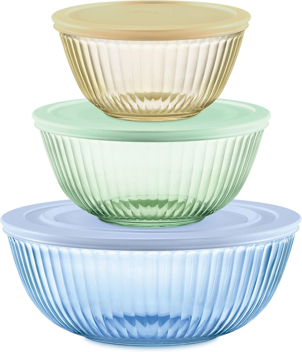 Pyrex Colors Tinted (3-Pack  Full Set) Sculpted Tinted Glass Mixing Bowls With Lids  Nesting Space Saving Set of Bowls For Prepping and Baking  1.3QT  2.3QT & 4.5Q