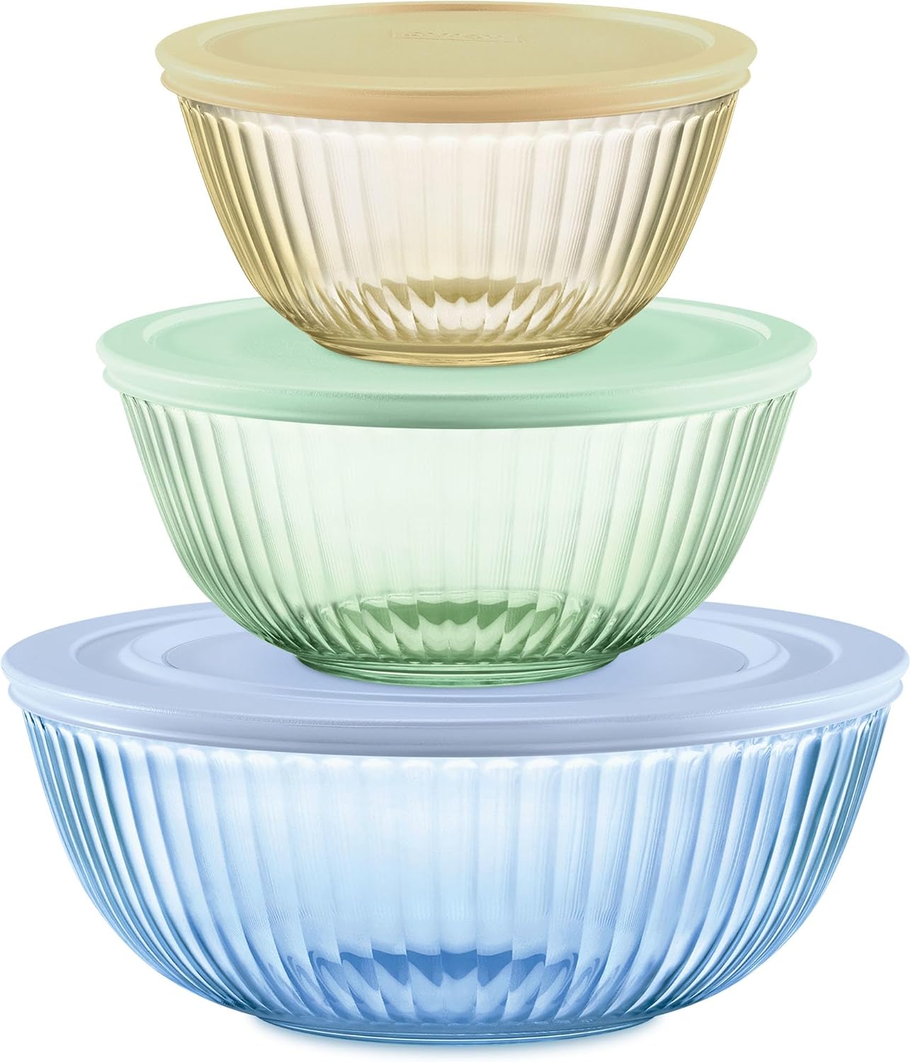 Pyrex Colors Tinted (3-Pack  Full Set) Sculpted Tinted Glass Mixing Bowls With Lids  Nesting Space Saving Set of Bowls For Prepping and Baking  1.3QT  2.3QT & 4.5Q