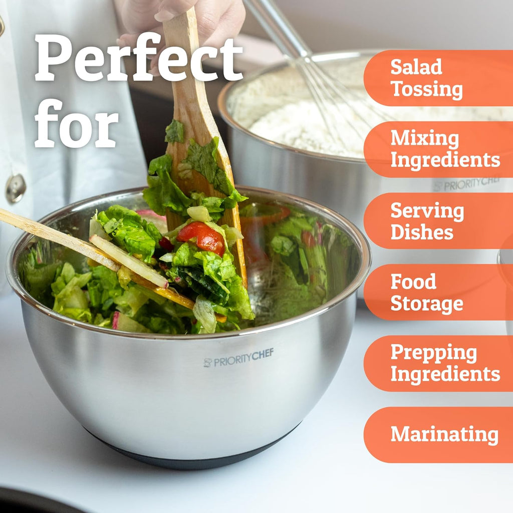 Priority Chef Premium Mixing Bowls With Lids Set  Airtight Lids  Thicker Stainless Steel  Non-Slip Base  5 Nesting Steel Bowls for Kitchen  Large Prep Metal Bowl Set 1.5/2/3/4/5 Qt  Black