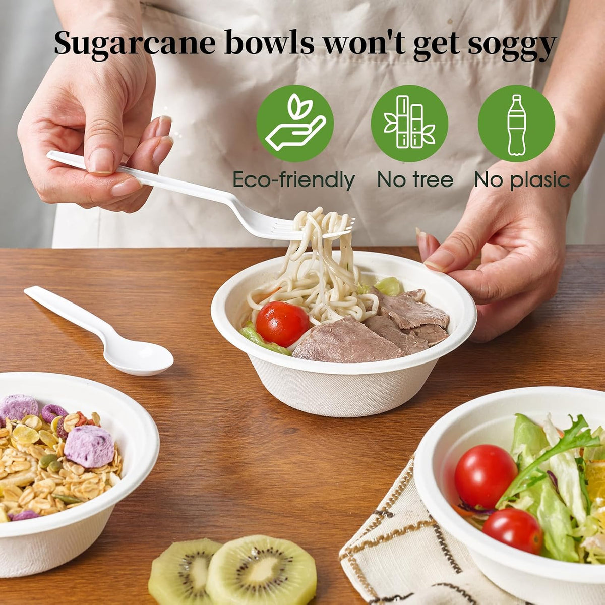 ECOLipak 150 Pack 12 oz Paper Bowls Disposable  Heavy-Duty Biodegradable Compostable Bowls Made of Natural Sugarcane Bagasse  Suitable for Salad  Dessert  Milk  Cereals