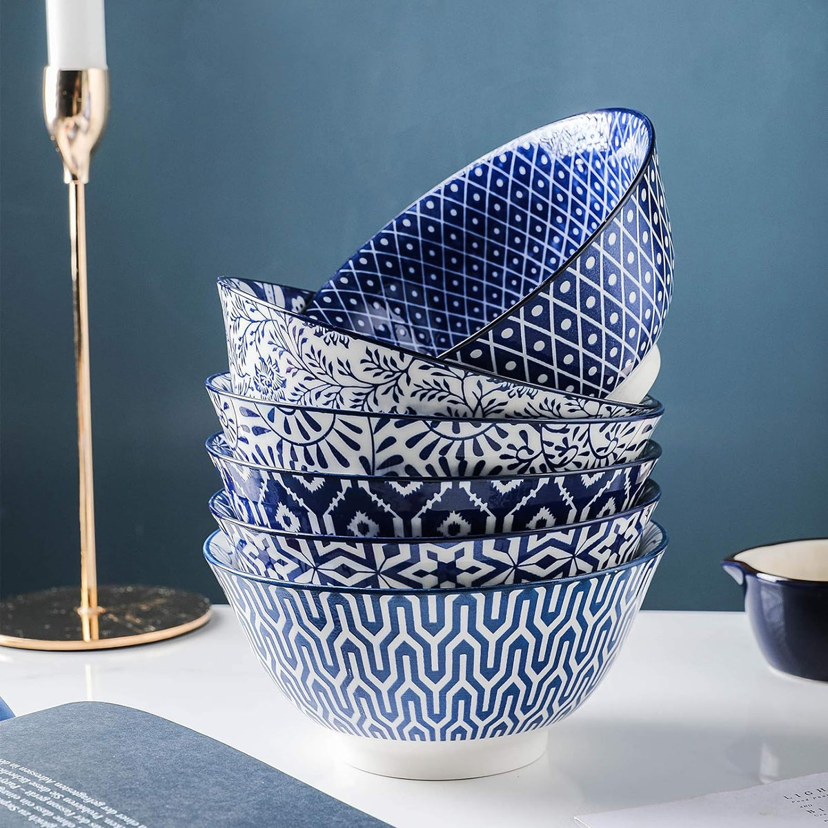 Selamica Blue and White Porcelain 20oz Cereal Bowl Set - Set of 6  6 inch Soup Bowls  Ceramic bowls for Cereal  Soup  Salad and Pasta  Vintage Blue