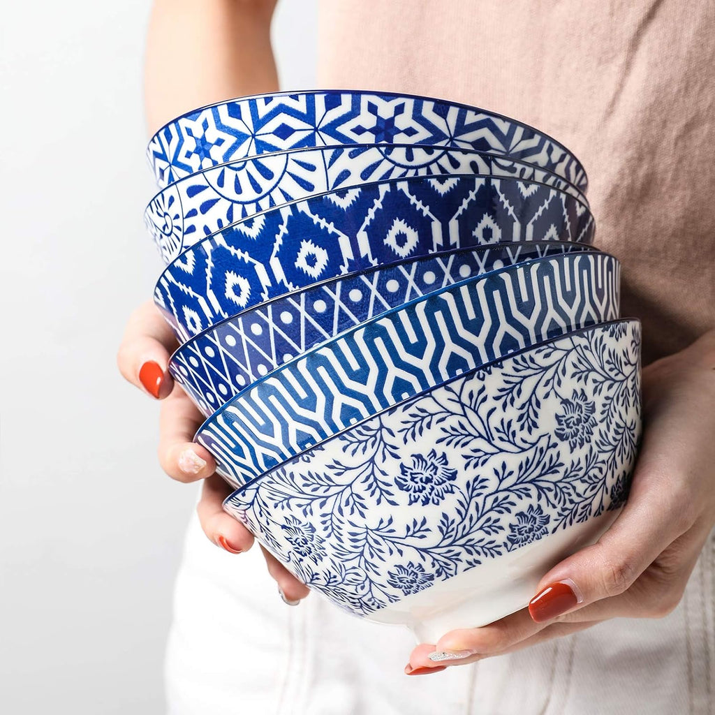 Selamica Blue and White Porcelain 20oz Cereal Bowl Set - Set of 6  6 inch Soup Bowls  Ceramic bowls for Cereal  Soup  Salad and Pasta  Vintage Blue