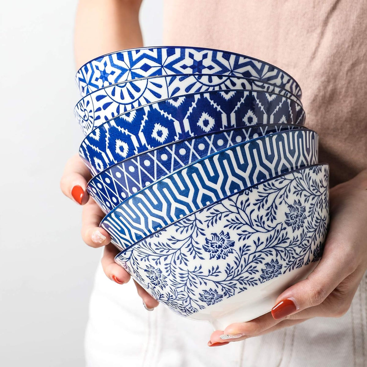 Selamica Blue and White Porcelain 20oz Cereal Bowl Set - Set of 6  6 inch Soup Bowls  Ceramic bowls for Cereal  Soup  Salad and Pasta  Vintage Blue